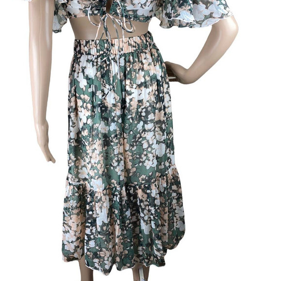 New ASOS Design Green Peach Blurred Floral Print Tie Front Cutout Midi Dress 8 - Picture 8 of 11